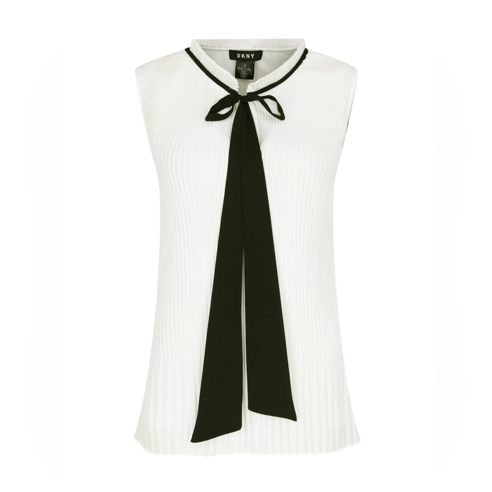 DKNY Black and White Sleeveless Blouse with Bow